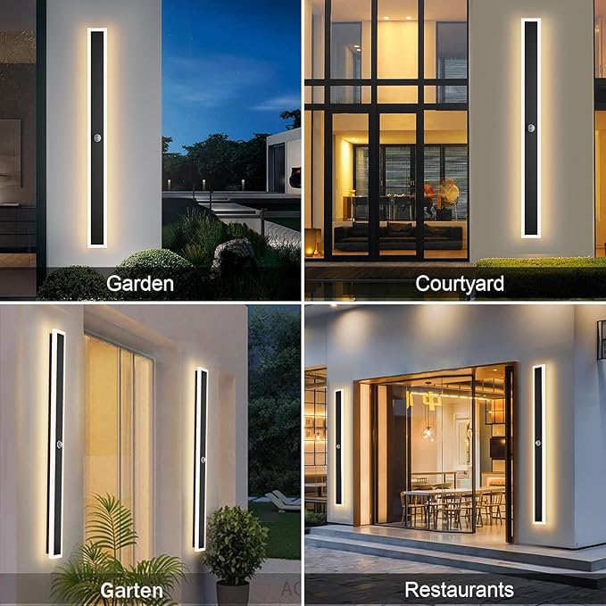 Aipsun 2 Packs Motion Black Outdoor Wall Light 39.4inch Modern LED Exterior Wall Sconce, Long LED Linear Exterior Lights 3000K for House Living Room Corridor