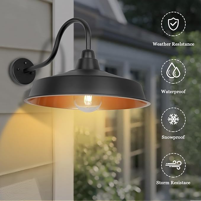 Dusk to Dawn Barn Light Outdoor, 16 Inch Dome Large Farmhouse Exterior Light Fixture Wall Mount, Industrial Outdoor Wall Sconce Outside for House, Shop, Porch, Garage, DDRZ020 GD-2PACK