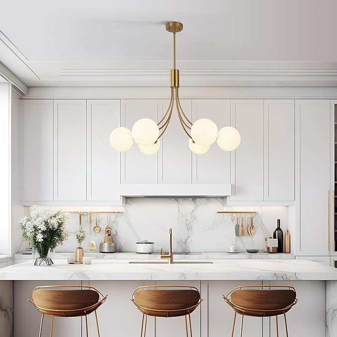 6-Light Modern Farmhouse Gold Chandeliers for Dining Room Light Fixture, Mid Century Hanging Sputnik Chandelier for Living Room Kitchen Island Bedroom Foyer, Milk White Globe Glass Shade