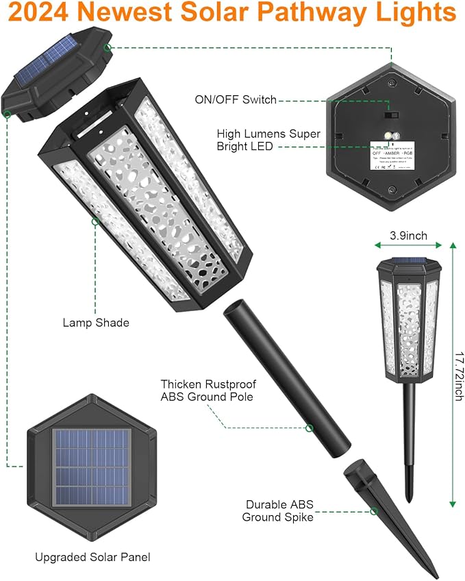 Colored Solar Powered Pathway Landscape Lights Outdoor Warm White & RGB Dusk to Dawn Waterproof for Garden Sideway Outside, Patio, Path, Yard, Walkway, Driveway, 2 Modes 4 Pack Accent Modern Design