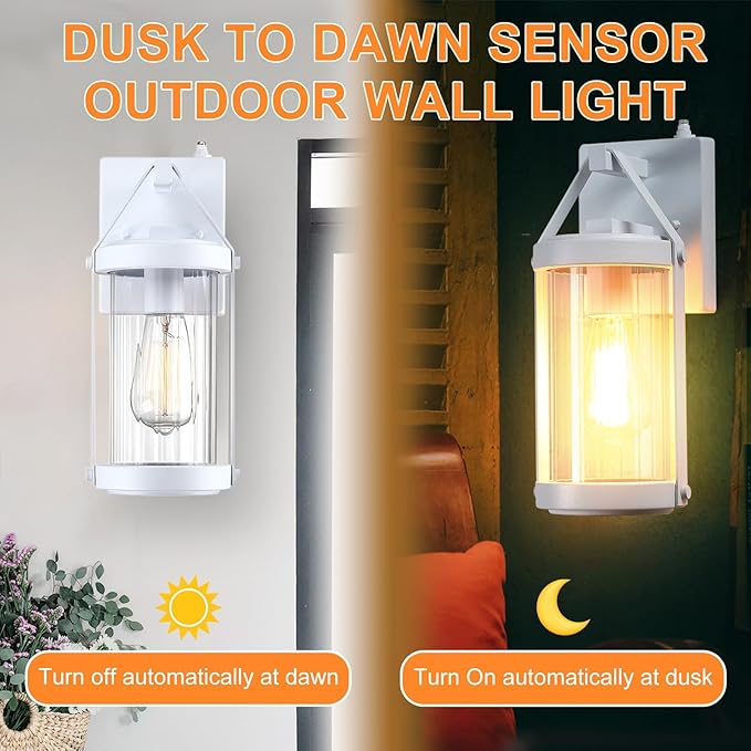 LONEDRUID 2 Pack Dusk to Dawn Sensor Outdoor Wall Sconce Lighting White Exterior Porch Lantern Modern Outside Garage Light Fixtures Waterproof Wall Mount Lamp for House Patio Front Door