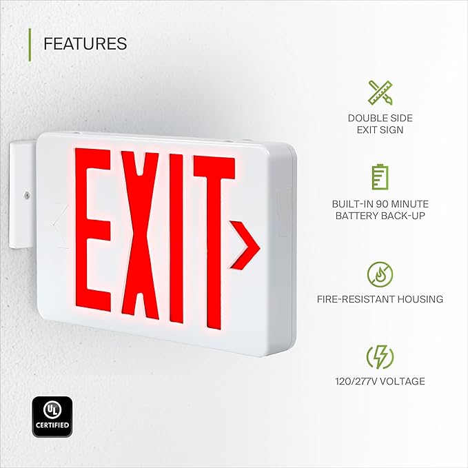 ASD LED Exit Sign with Battery Backup - UL 120/277V Double Face Emergency Exit Light for Business, Office Commercial Hardwired Damp Location Power Outage Lights, Red, 6 Pack