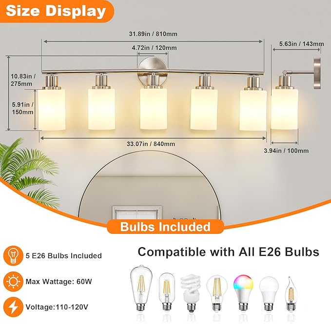 DLLT 5-Light Bathroom Light Fixtures: Nickel Modern Vanity Lights with E26 Bulbs - Milky White Glass Shade Bathroom Wall Lamp for Mirror Kitchen Living Room Hallway Cabinet Porch