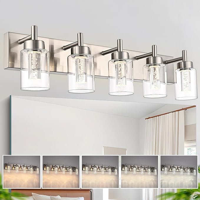 VINLUZ 5-Light Bathroom Vanity Light with 5 Color Modes, Brushed Nickel Dimmable Modern Wall Lighting Fixture Over Mirror with Clear Glass Shade and Crystal Bulb(LED Bulbs Included)