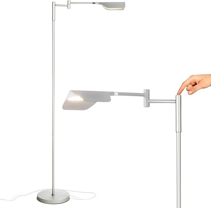 Brightech Leaf Pharmacy LED Reading Lamp, Dimmable Floor Lamp with Easy Rotation over Chair or Desk for Living Rooms & Offices, Adjustable Standing Lamp, Tall Lamp For Sewing & Craft - Platinum Silver