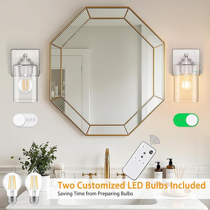 Rechargeable Wall Sconces, Dimmable Battery Operated LED Wall Lights Set of Two with Remote, E26 Base, Clear Glass Shade, Auto Timer, Modern Wireless Brushed Nickel Wall Lamps for Bedroom Living Room