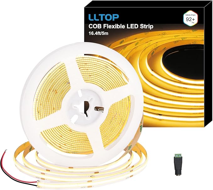 COB LED Strip Lights Warm White 3000K, DC24v 16.4ft/5m High CRI 92Ra+ Flexible LED Tape Lighting DIY Cuttable for Bedroom Kitchen Cabinet Shelf (Power Supply&Dimmer Not Included)