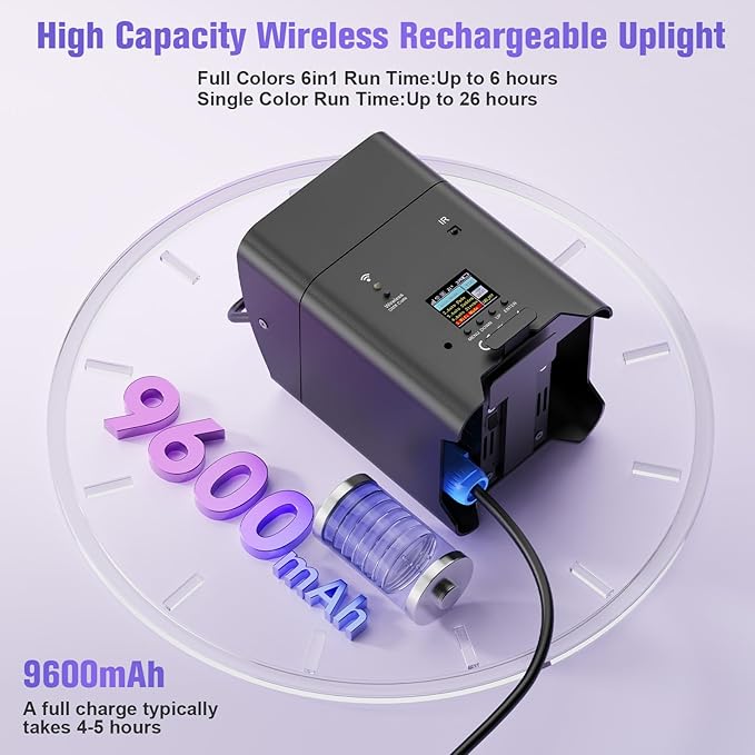 6LED Rechargeable Battery Powered Stage Lights with Case, Wireless Uplights for Events, RGBWA+UV 6in1 Par Lights DMX Control Uplights for Wedding DJ Live Show Party Event