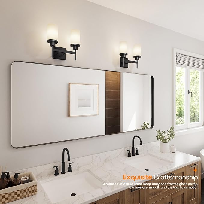 Wall Light Fixtures Matte Black Bathroom Vanity Lights Over Mirror with White Frosted Glass, Double Wall Lamps for Hallway Washroom Porch T001MB-L2
