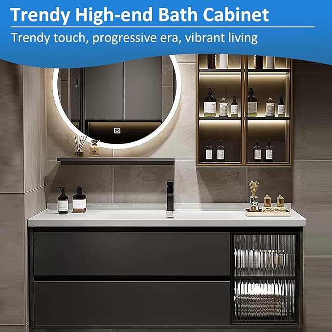Floating Bathroom Vanity with Sink - LED Smart Defog Mirror | Ceramic Basin, Side Cabinets with Ambient Lighting, Modern Wood Bathroom Cabinet (28'')