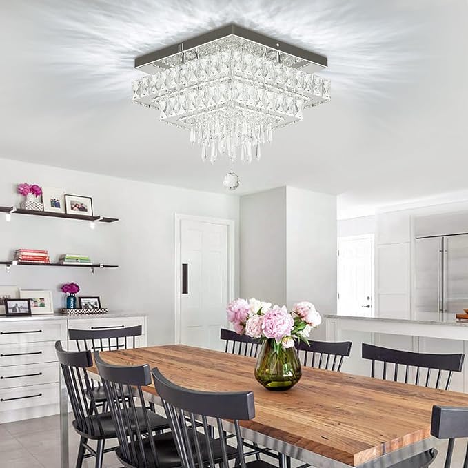 Finktonglan 13'' Square Crystal LED Ceiling Light, Modern Chandeliers with Multilayer Crystal, Flush Mount Ceiling Lights for Dining Room, Bedrooms, Entryway, Living Room, 6500K Cool White