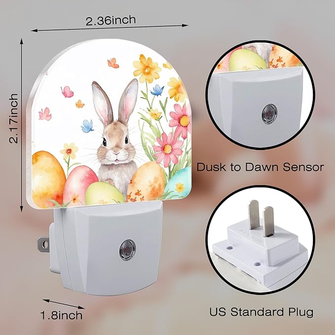 Easter Bunny Floral Eggs Night Light,Dusk-to-Dawn Auto Sensor Easter Rabbit Plug in Night Light for Kids,0.5W Energy Saving LED NightLights for Bedroom/Bathroom,Ideal Gifts for Women Men