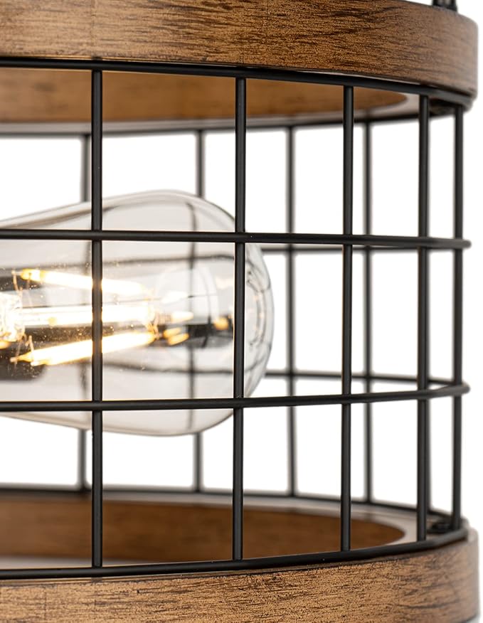 2-Light Farmhouse Semi Flush Mount Ceiling Light Fixture, Rustic Drum Wood Ceiling Lamp for Hallway Kitchen Entryway Foyer Bedroom Laundry Room, Nature Wood Texture and Black Metal Fence Finish
