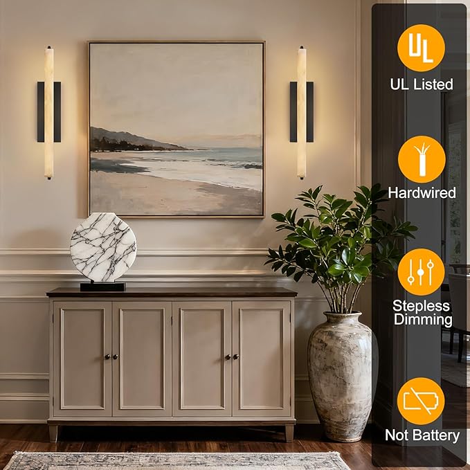 Alabaster Wall Sconce, 25" Natural Marble Wall Sconce, Black Alabaster Single Sconces, Bronze Modern Bathroom Sconces, Indoor Wall Lighting for Living Room, Bedroom, Hallway, Staircase