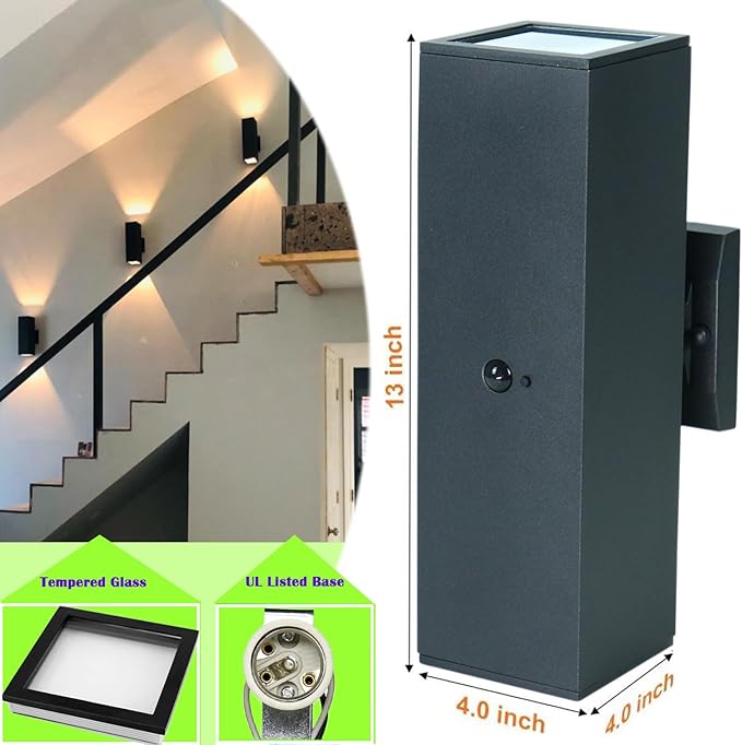 Motion Sensor Outdoor Wall Lights, Dusk to Dawn Exterior Wall Mount Light Fixtures with 3 Modes, Waterproof Up Down Porch Lights for House, Garage, Patio, Entryway, Matte Black