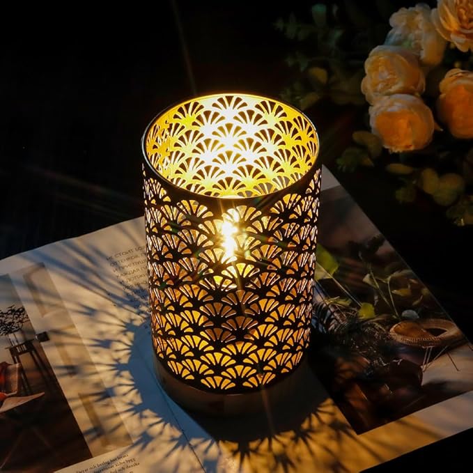 JHY DESIGN Metal Lamp Battery Powered 7.5''H Accent Cordless Lamp with 6-Hours Timer Battery Lamp for Weddings Party Patio Garden Indoors Outdoors Table Balcony（with Wooden Base）