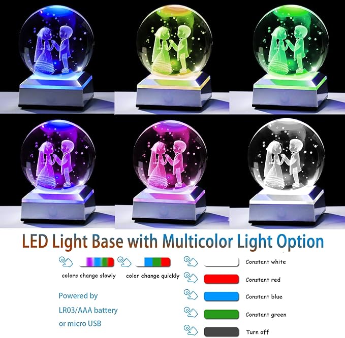 3D Crystal Ball Engraved Wedding Couples with LED Light Base 3.15'' - Gifts for Bride and Groom, Friend, Sister - Married Anniversary Presents for Partner Sweet Newlyweds Home Decor