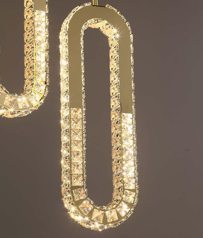 Modern Led Gold Chandelier Adjustable 8 Rings Crystal Chandelier for Foyer Stairwell Crystal High Ceiling Pendant Light Dimmable 2700K-6000K