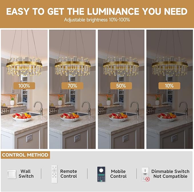 Modern Gold Crystal Led Chandelier: 19.7" Dimmable 3 Color Round Contemporary Dining Room Light Fixture over Table - K9 Adjustable Chandeliers Lighting for Bedroom Living Kitchen Island Entryway Foyer