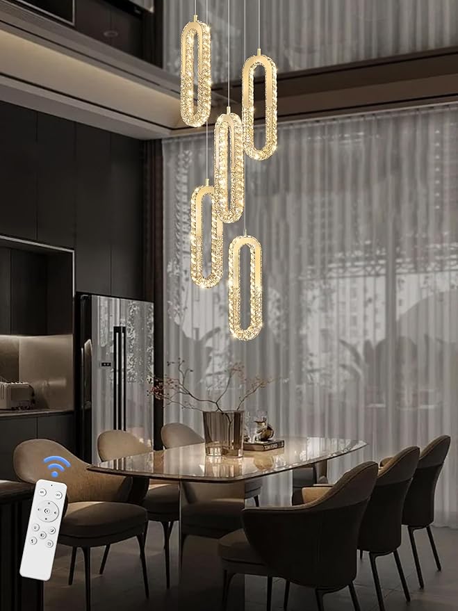 5-Lights Modern Crystal Chandelier for High Ceiling LED Dimmable Ring Pendant Chandeliers Stairwell Chandelier Lighting Gold