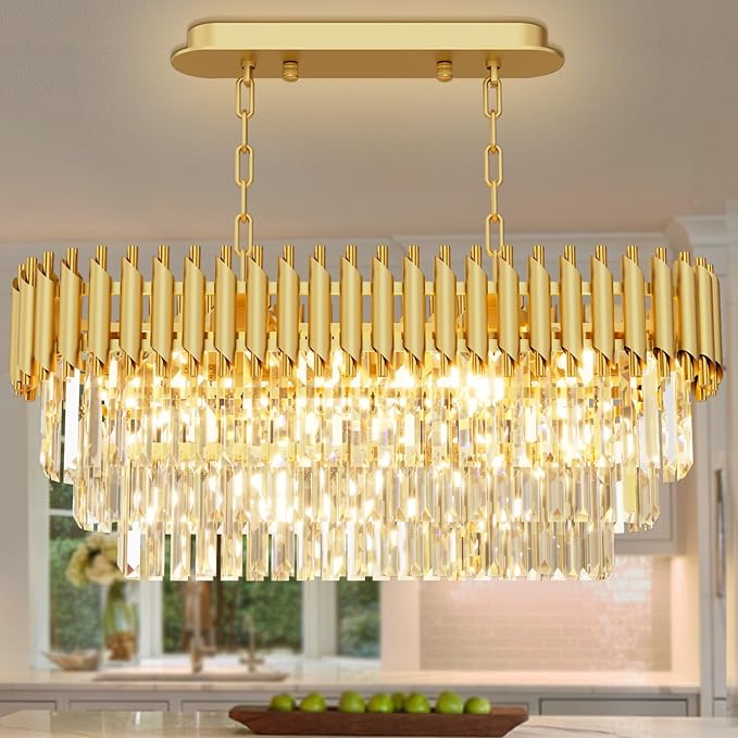 31.5" 8-Light Modern Gold Crystal Chandelier, Luxury Rectangular Raindrop Pendant Light Fixture for Dining Room, Kitchen Island, Living Room, Farmhouse Ceiling Lighting