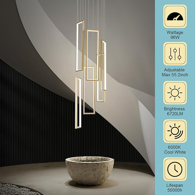 CHYING Gold Modern LED Staircase Chandelier, 6 Light 96W 6000K Cool White Long Chandelier for High Ceilings, Hanging Adjustable Pendant Light for Foyer Entryway Living Room