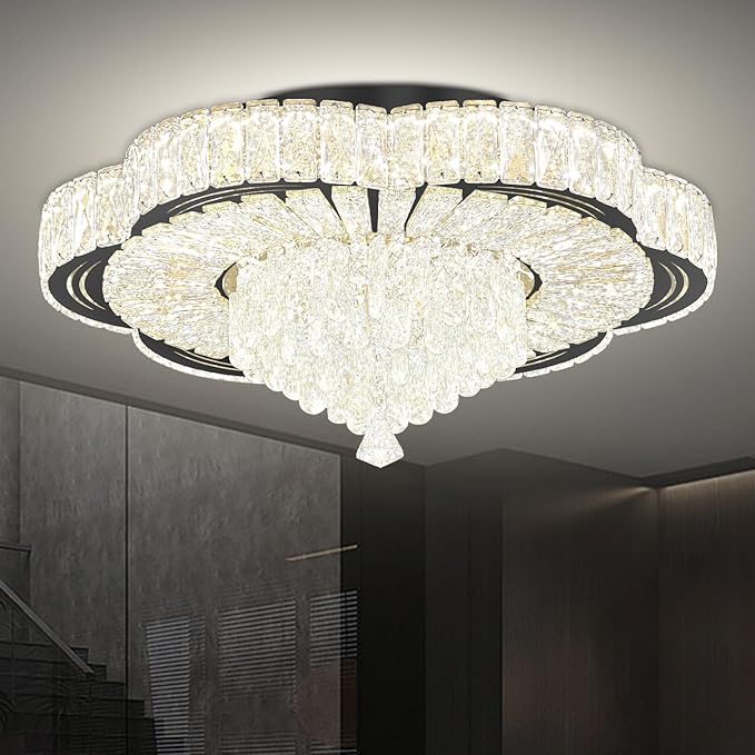 Modern Empire Crystal Chandelier Black 24inches Crystal Raindrop Ceiling Light for Living Room Bedroom LED Infinity Dimmable 3000-6000K