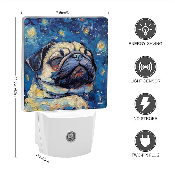 LED Night Lights Plug into Wall,Starry Night Snoring Pug Decorative Night Lights Plug into Wall with Auto Light Sensor for Boys Girls Bedroom Decorative Nightlight Led Lamp