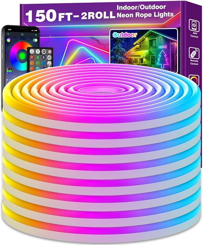 150Ft Neon Rope Lights,Flexible Led Rope Lights Control with App/Remote,Multiple Modes Light,IP65 Outdoor RGB Led Light Waterproof (150Ft Neon Rope Lights)
