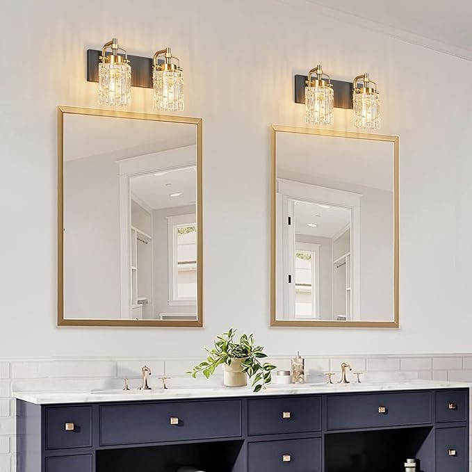 Modern 2-Light Vanity Light with Crystal Glass Shade - Black Gold Bathroom Light Fixtures Over Mirror