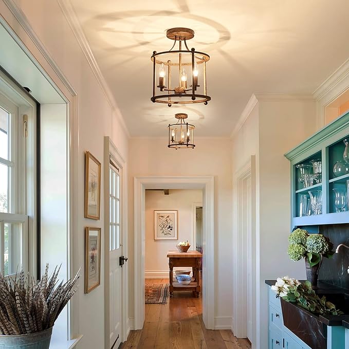UOFUS 3-Light Farmhouse Vintage Semi Flush Mount Ceiling Light Fixtures in Rustic Bronze Metal Chandelier for Island Living Room Bedroom Kitchen Foyer Laundry Room Entryway Hallway