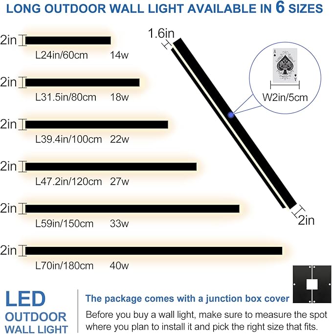 Modern Outdoor Wall Lights, 2 Pack 47 Inch Long Outdoor Wall Sconces with Junction Box Cover 3000K LED Wall Mount Exterior Light Fixture IP65 Waterproof Outside Wall Lights for House Garage