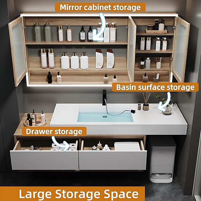 36in Luxury Bathroom Vanity with Sink - Modern Bathroom Vanity Wash Set, Suspended Bathroom Cabinet, Smart Defogging & Led Lighting | Wall-Mounted Storage with 2 Drawers