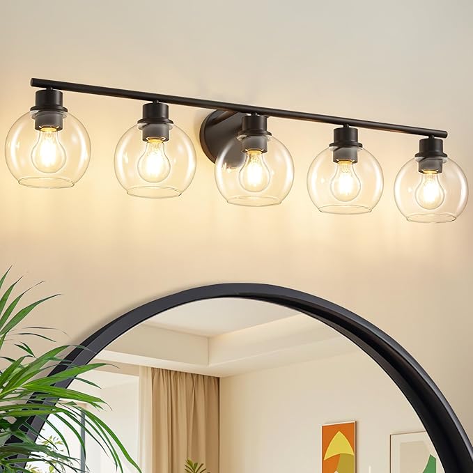 Bathroom Light Fixtures Over Mirror 5-Lights Bathroom Vanity Light with Clear Globe Glass Shade 37.4 inch Modern Black Vanity Light Wall Sconce Vanity Lighting for Bath
