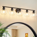 Bathroom Light Fixtures Over Mirror 5-Lights Bathroom Vanity Light with Clear Globe Glass Shade 37.4 inch Modern Black Vanity Light Wall Sconce Vanity Lighting for Bath