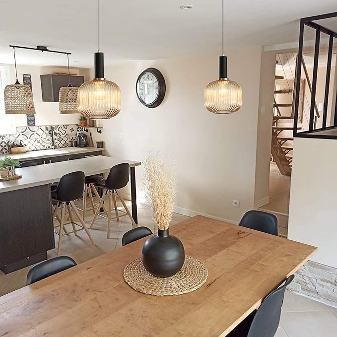 Pendant Light Black Lamp Holder and Glass Striped Light Shade Modern Pendant Lighting for Kitchen Island Farmhouse Hanging Lights Fixtures (M, Amber)