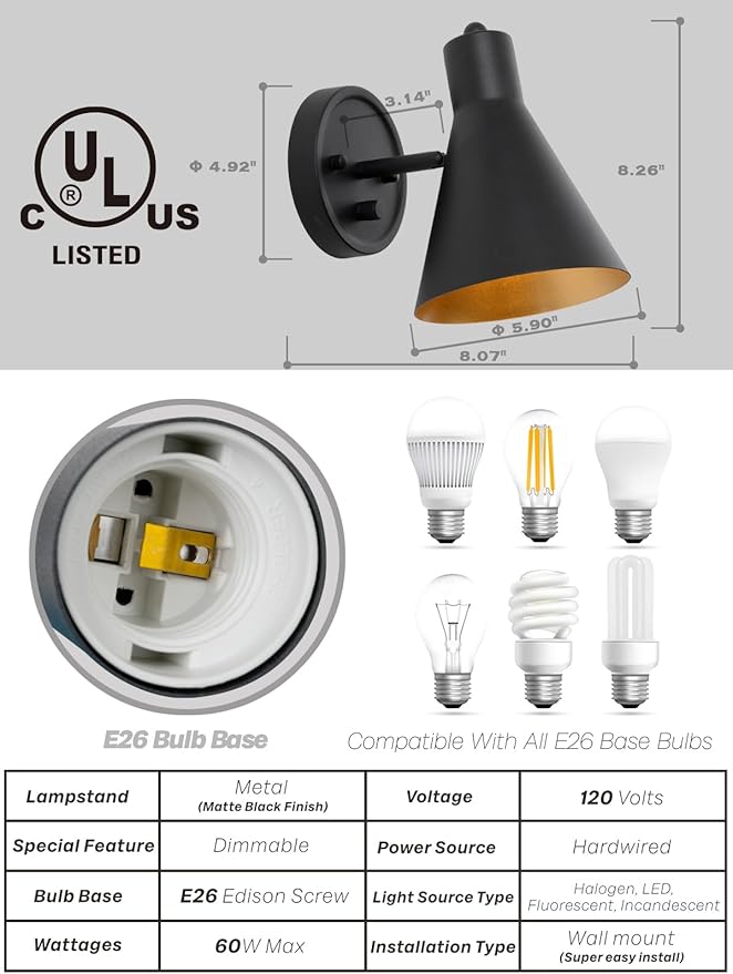 Wall Sconces Set of Two,Black Wall Sconce with Dimmable Switch Modern Bathroom Vanity Light with Metal Lampshade Adjustable Bedside Sconce Light for Bedroom Living Room Hallway Hardwired