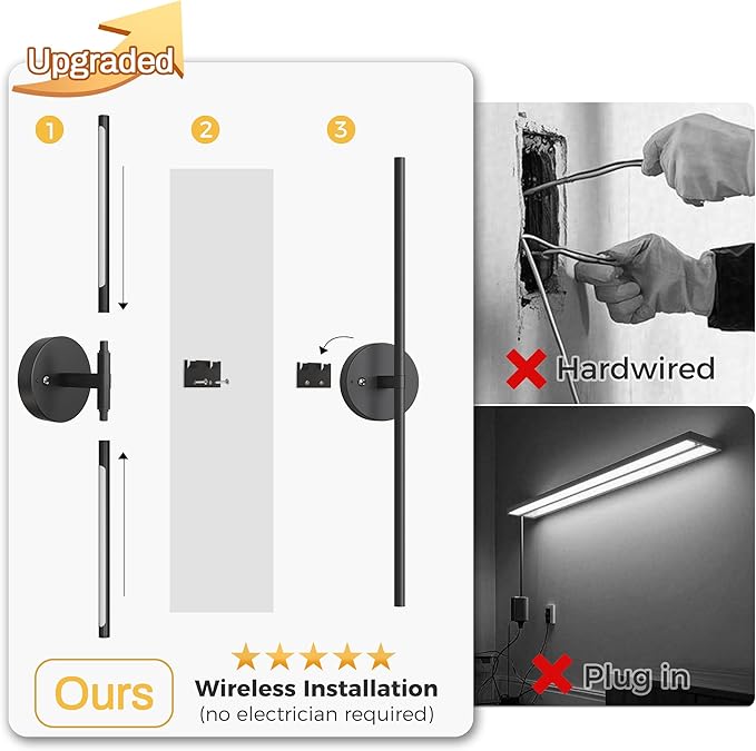 L LOHAS LED Battery Operated Wall Sconces Set of 2, Battery Wall Sconce 10000mAh, Black Rechargeable Sconces 3CCT + RGB, 23.5 Inch Wireless Wall Lights, Sconce Wall Decor for Bedroom, Living Room