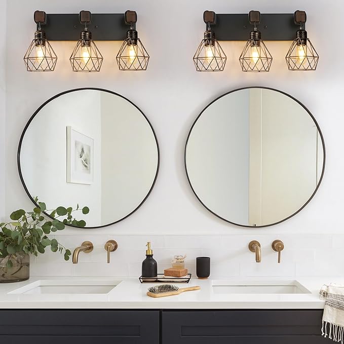 Farmhouse Bathroom Vanity Light Fixtures, 3-Light Wood Bathroom Light Fixtures Over Mirror, Rustic Sconces Wall Lighting with Elegant Metal Lampshade for Living Room, Bedroom, Hallway