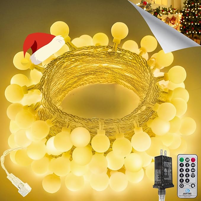LORRYTE Connectable 43FT 100LED Globe String Lights | 8 Modes Warm White Christmas String Lights Plug in with Remote | Hanging Fairy Light for Indoor Outdoor Bedroom Party Christmas Tree Decor