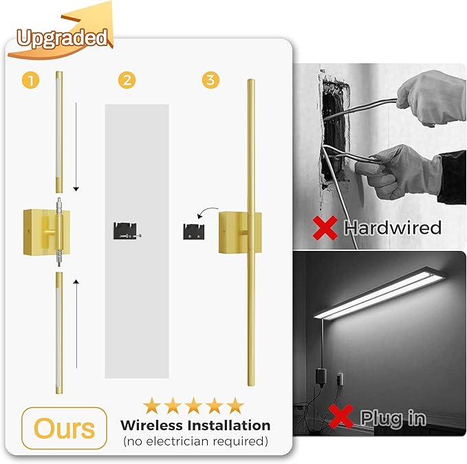 L LOHAS LED Battery Operated Wall Sconces Set of 2, Battery Wall Sconce 10000mAh, Gold Rechargeable Sconces 3CCT + RGB, 28.7 Inch Wireless Wall Lights, Sconce Wall Decor for Bedroom, Living Room