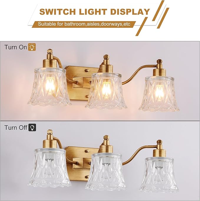 Vintage Bathroom Light Fixtures, 3-Light Gold Vanity Light, Antique Brass Finish with Crystal Glass Shade, Brushed Gold Vanity Lights for Bathroom Bedroom Hallway