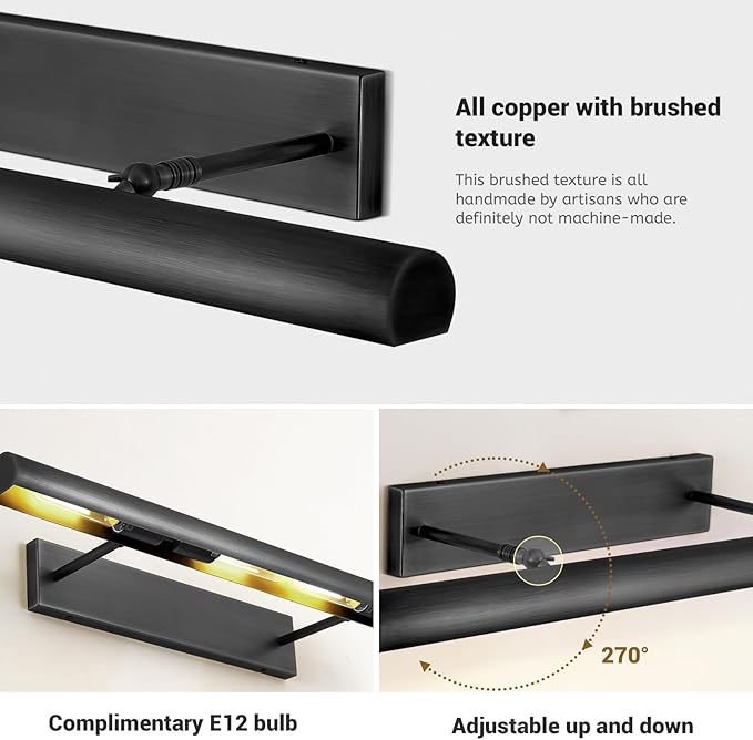 Black Picture Lights for Wall, 24inch Brone Picture Light Hardwired, Art Light 270° Rotatable Picture Frame Lights for Painting Display Artwork,Warm White 2700k Dimmable Bathroom Vanity Light