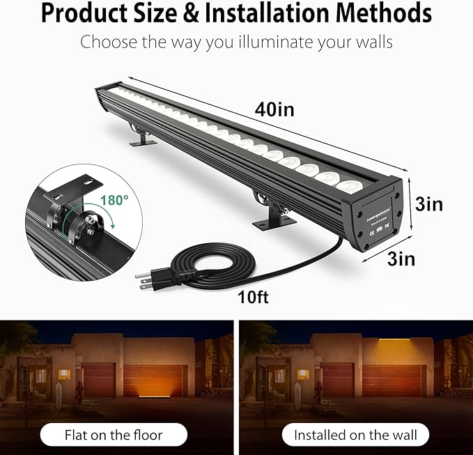 Smart LED Wall Washer Light, 168W RGB+CW Color Changing Linear Light Bar with Group and Individual Control, Timing Functions, 120VAC Dimmable Wall Washing for Outdoor & Indoor Lighting Projects