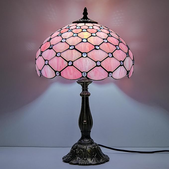 Tiffany Lamp Vintage Pink Stained Glass Bead Table Lamp Desk Bedside Reading Light Decor Bedroom Living Room Home Office D12*H18 Inches