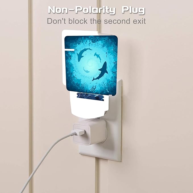 Blue Sharks and Corals Underwater World Fish Marine Lifes Dusk to Dawn Night Light Plug in, 0.5w Energy Saving Sleep Friendly NightLight for Kids Boys Girls Home Decor