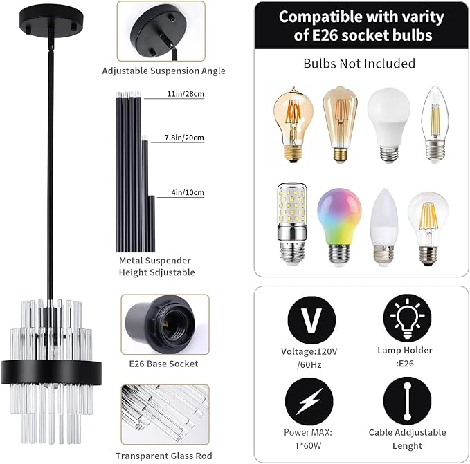 Pendant Light Fixtures, 7inch Modern Glass Pendant Lighting, Black Kitchen Island Lights, Height Adjustable Pendant Lighting (Matte Black, 2 Pack)