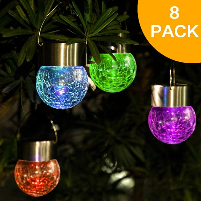SUNWIND Hanging Solar Ball Lights Outdoor - 8 Pack Auto Color Changing Cracked Glass Decorative Garden Lights Hanging Solar Lanterns for Yard, Patio, Fence, Tree, or Holiday Decoration(Multi-Color)