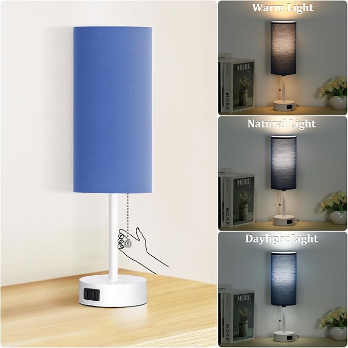 Dott Arts Table Lamp for Bedroom, 3-Color Bedside Lamps with Pull Chain, Bedroom Table Lamps for Nightstand,AC Outlet Small Lamp for Living Room, Bulb Included Blue