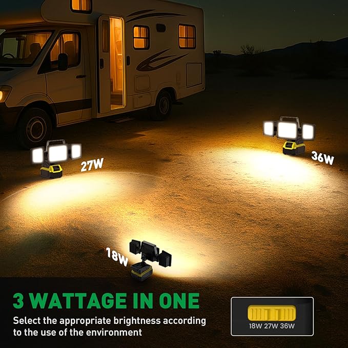 ALUSSO® LED Work Light for Dewalt Battery 18W/27W/36W Adjustable, 3000K/4000K/6500K Worklight with USB&Type C Charging Port, Portable 3 Heads Rotation Outdoor Lamp for Job Site, Fishing, Construction